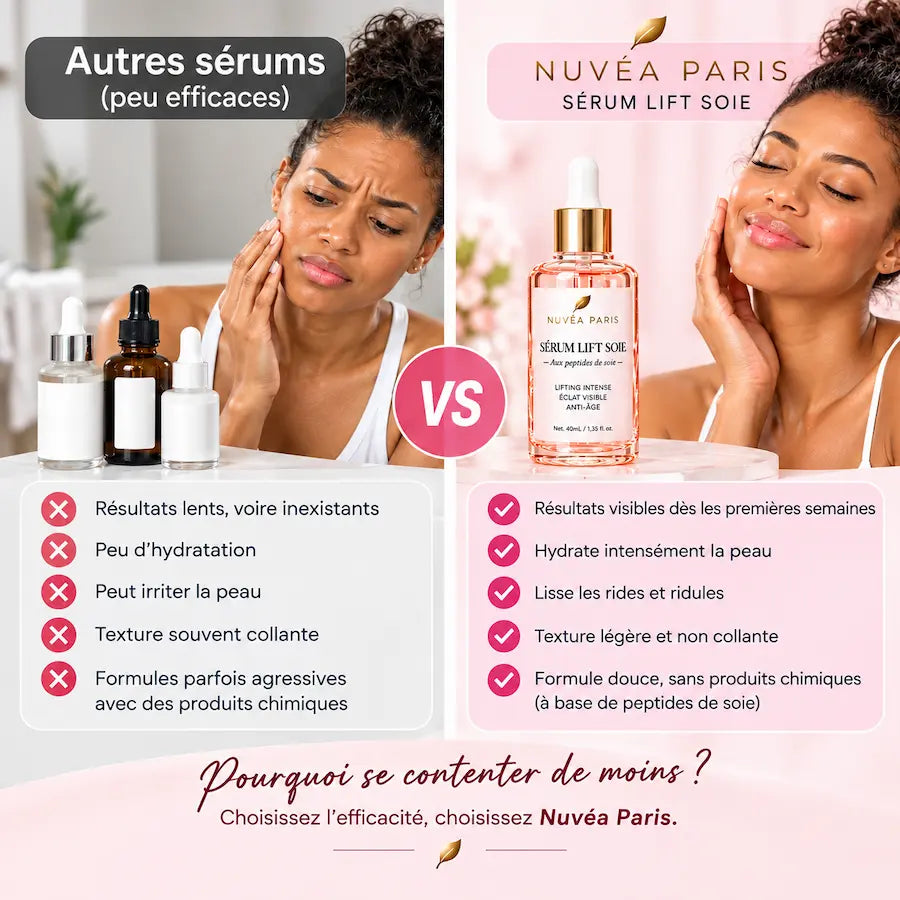Visuel rose présentant le sérum, des portraits de femmes et des informations sur le produit.