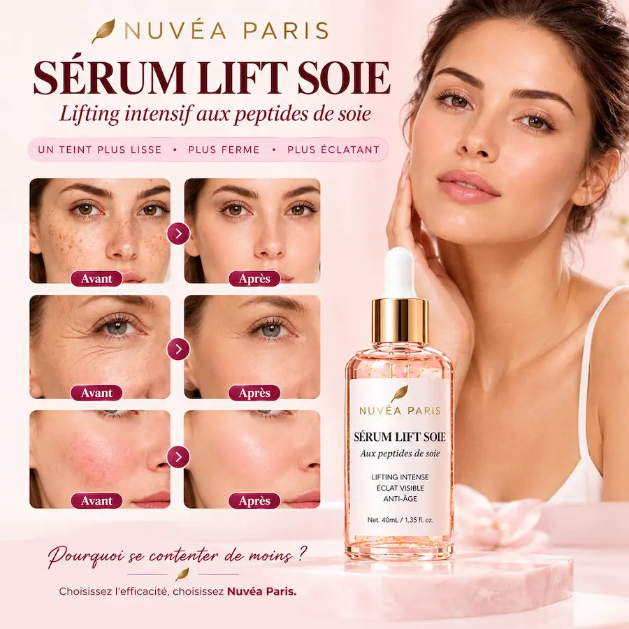 Sérum Lifting Peptide de Soie présenté à côté d’un portrait de femme et d’encadrés explicatifs.