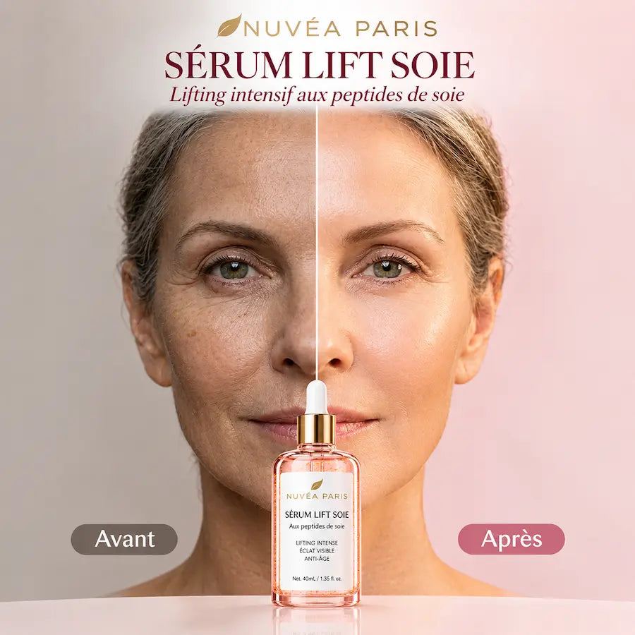 Portrait de femme avec un flacon de sérum et le titre « Sérum Lifting ».