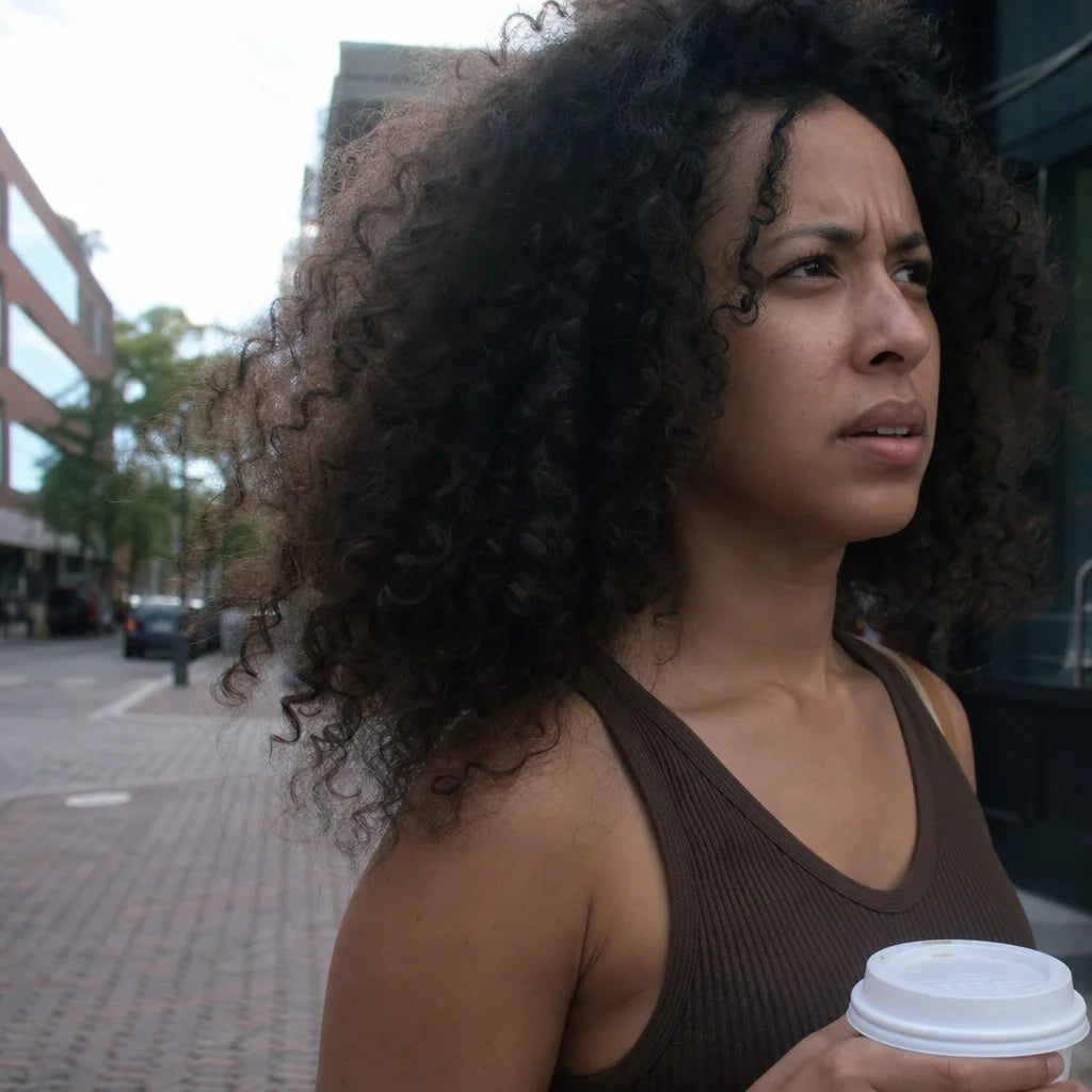 Square format, raw smartphone photograph. A woman's shoulder and side profile, her curly 3B hair is