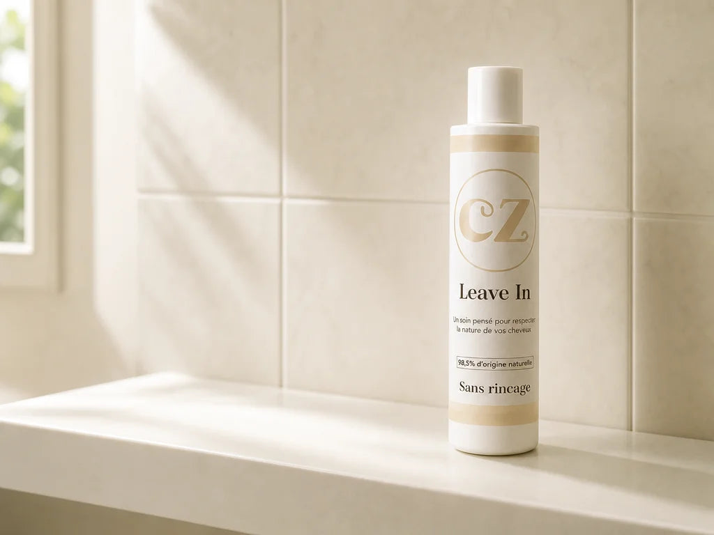 4:3 photograph. A clean, minimal bathroom shelf with only the Curlizz Leave-In flacon prominently pl