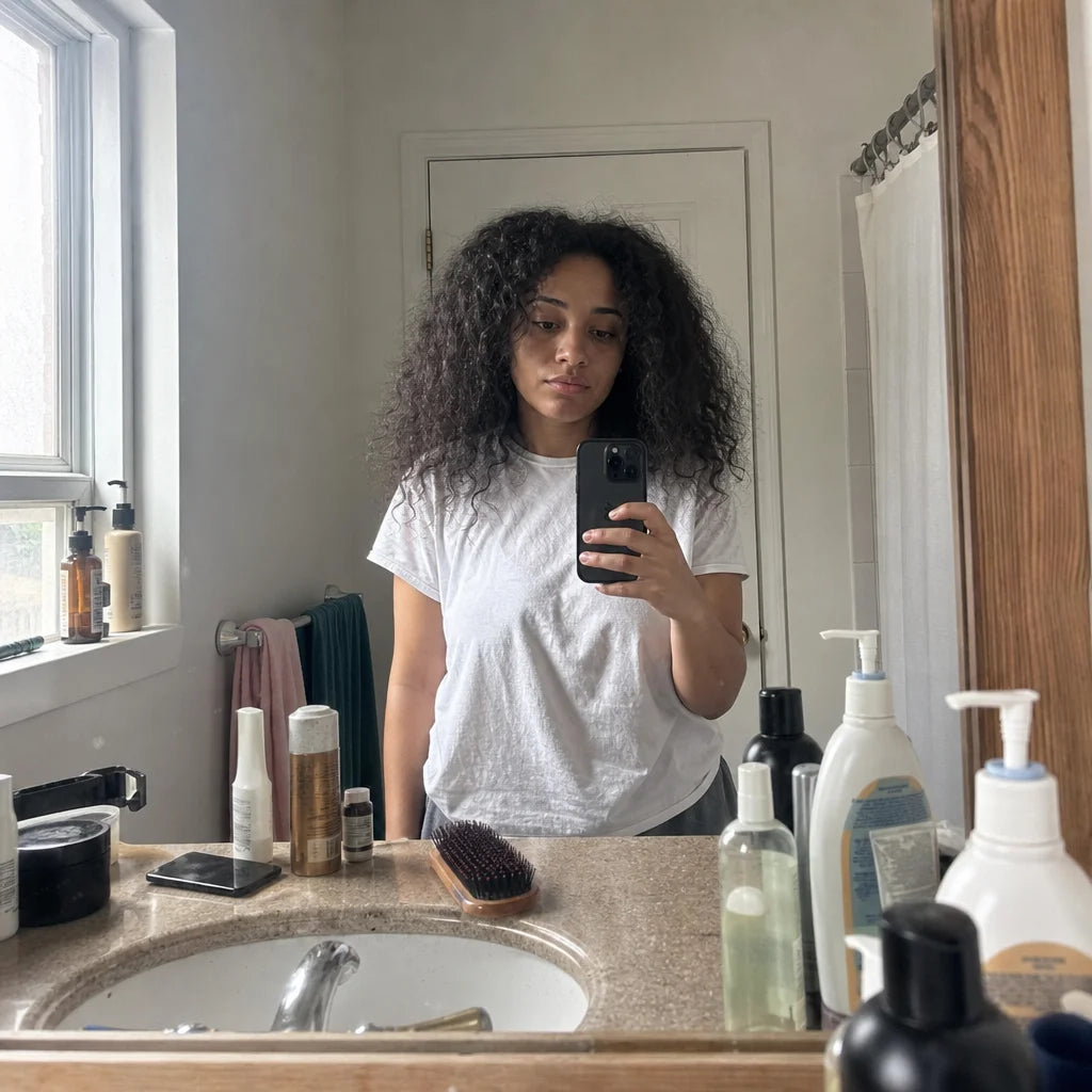 Square format, raw smartphone photograph. A bathroom mirror reflection of a young woman with curly 3