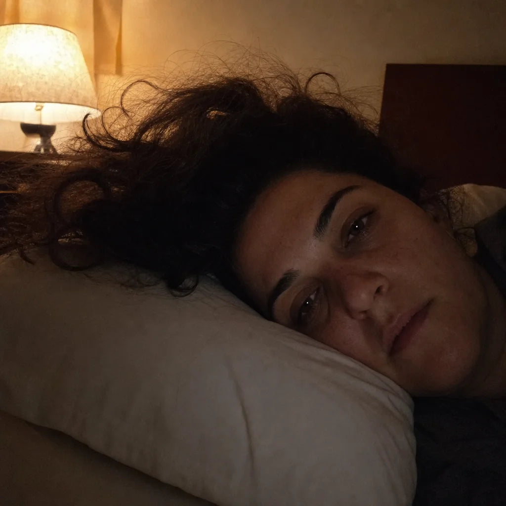 Square format, raw smartphone photograph. A bedside view: the woman lying on her pillow, her frizzy