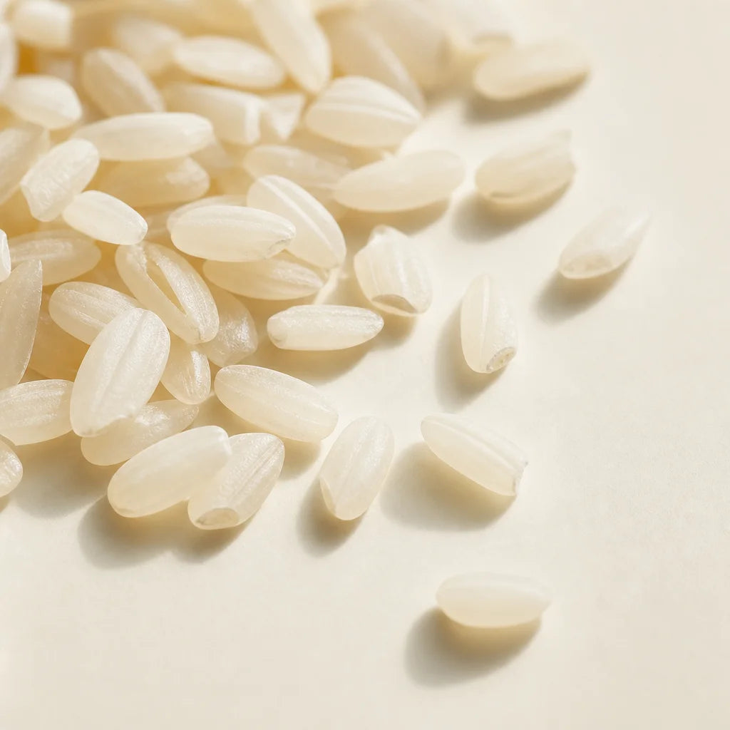 Clean editorial macro photography, square format. A cluster of raw white rice grains scattered light