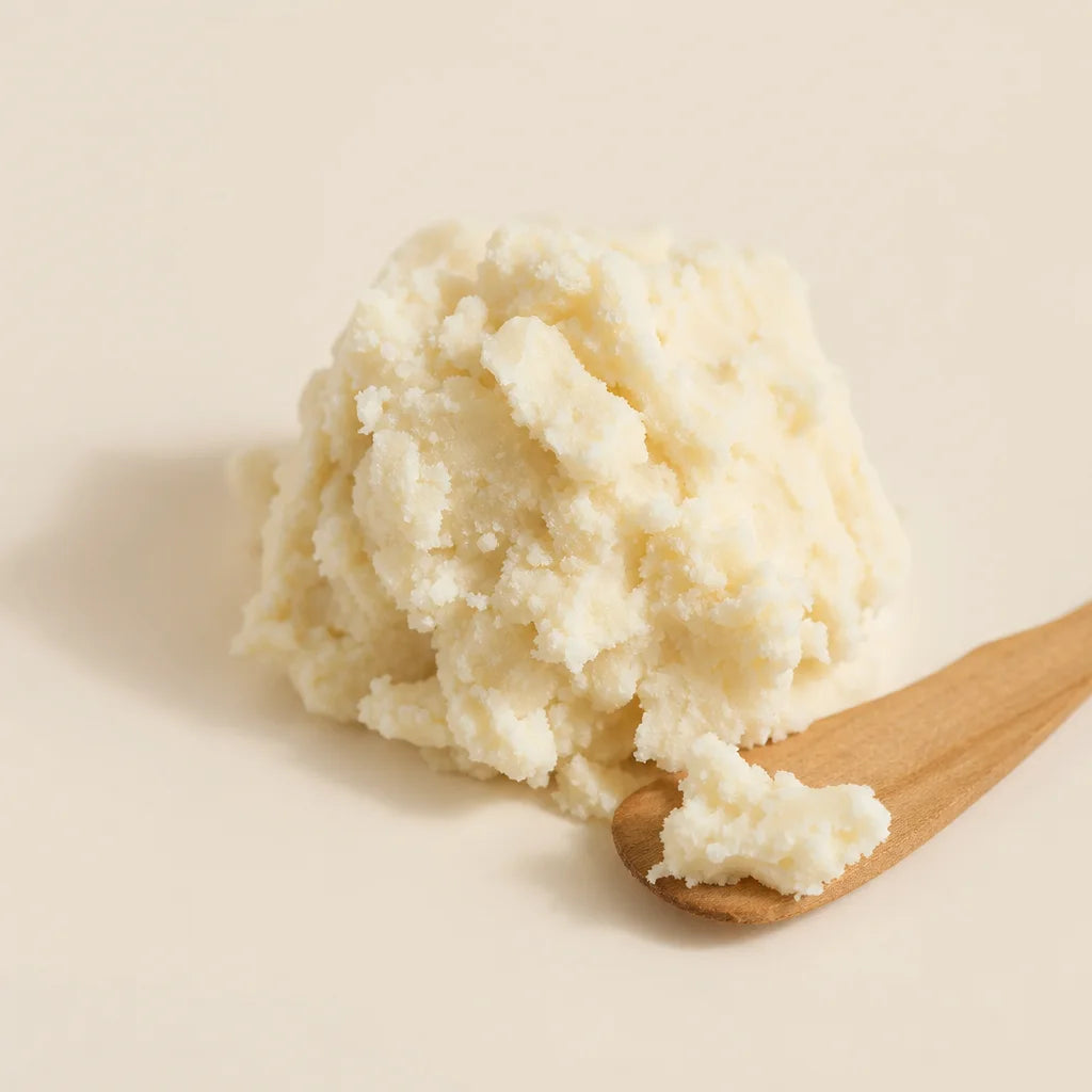 Clean editorial macro photography, square format. A small mound of raw unrefined shea butter on a sm