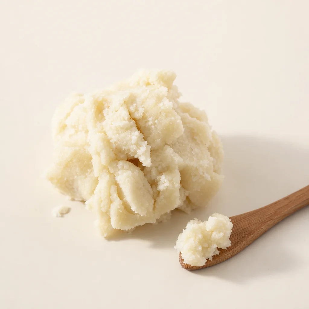 Clean editorial macro photography, square format. A small mound of raw unrefined shea butter on a sm