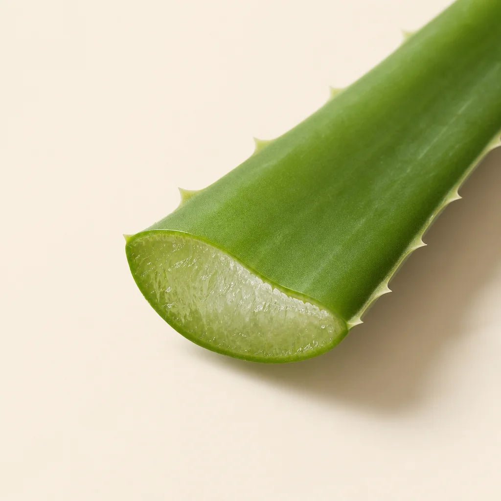 Clean editorial macro photography, square format. A single fresh aloe vera leaf, cut diagonally to r
