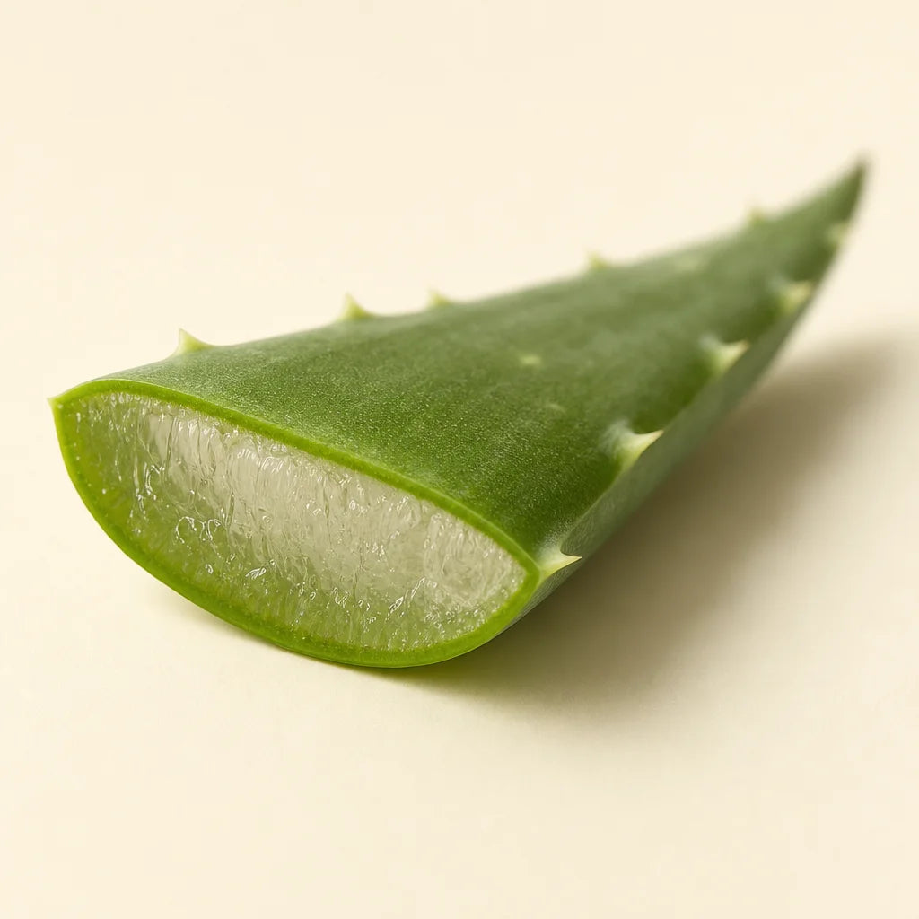Clean editorial macro photography, square format. A single fresh aloe vera leaf, cut diagonally to r