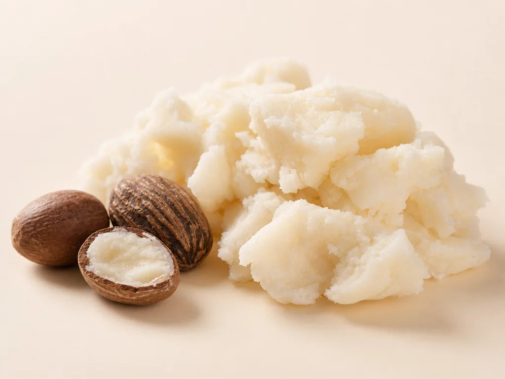 Clean macro photography, 4:3. A mound of raw shea butter on a smooth cream background, with a few sh