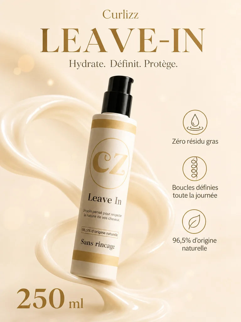 Portrait product information card, clean modern design. A large Curlizz Leave-In cream hair treatmen