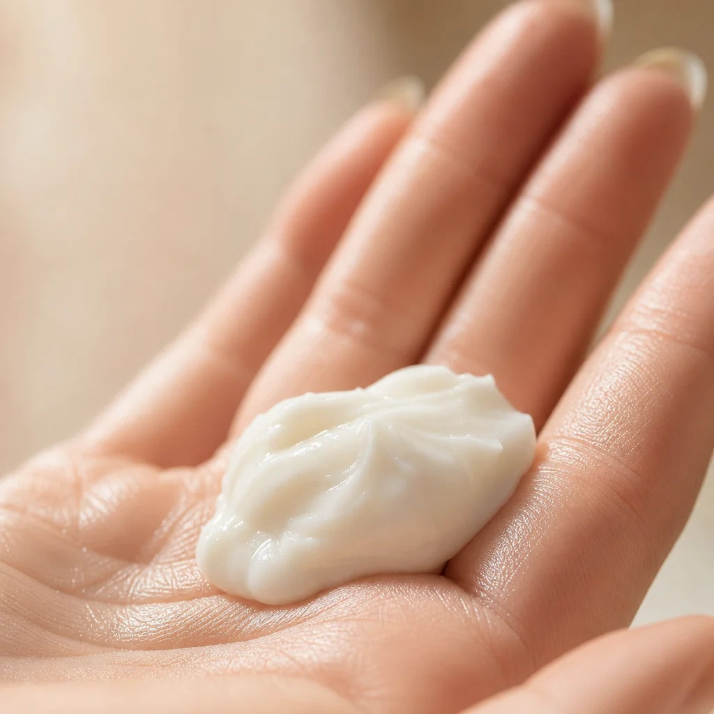Une noisette de crème blanche Curlizz Leave-In dans la paume d'une main féminine, gros plan. La crèm