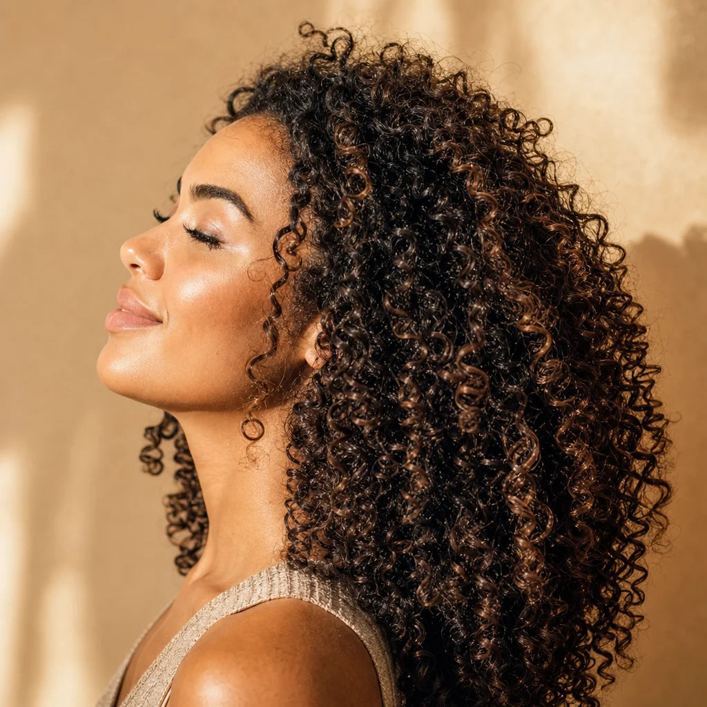 Portrait rapproché d'une femme aux cheveux bouclés type 3B-3C parfaitement définis, hydratés, brilla