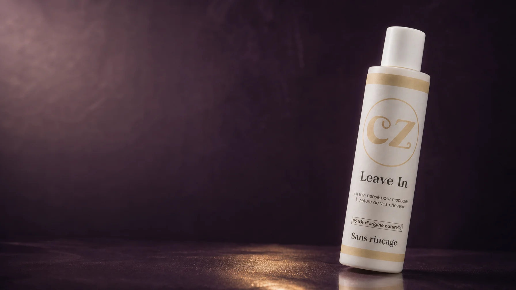 Wide 16:9 flagship product-world campaign hero. One white cylindrical Curlizz Leave-In bottle with a