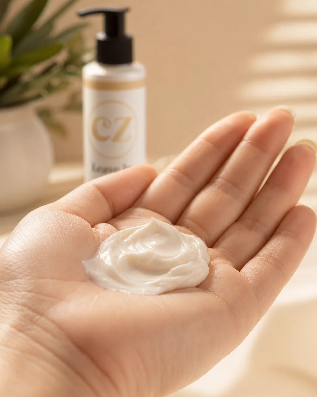 Gros plan sur une paume ouverte avec une noisette de crème blanche épaisse. Les doigts sont naturels